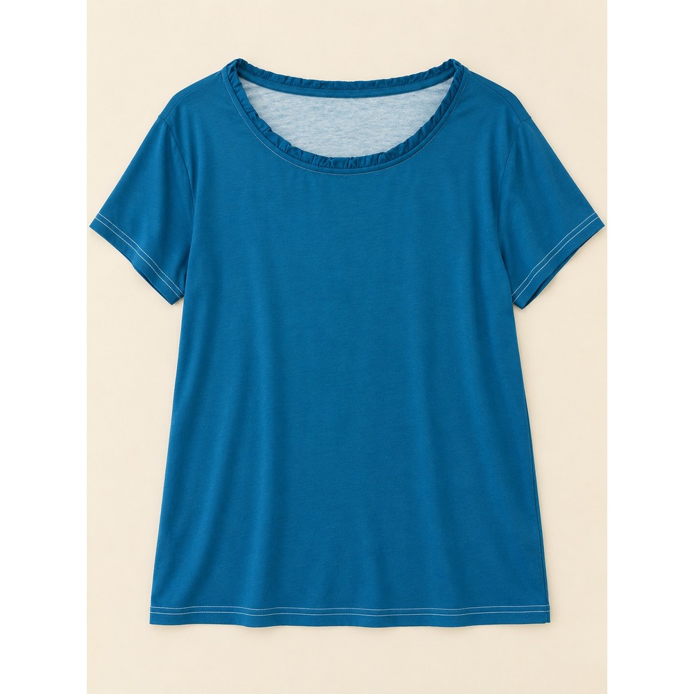 New Mayberry Blue Top Women's Size XXL Ruffled Round Neckline Short Sleeves